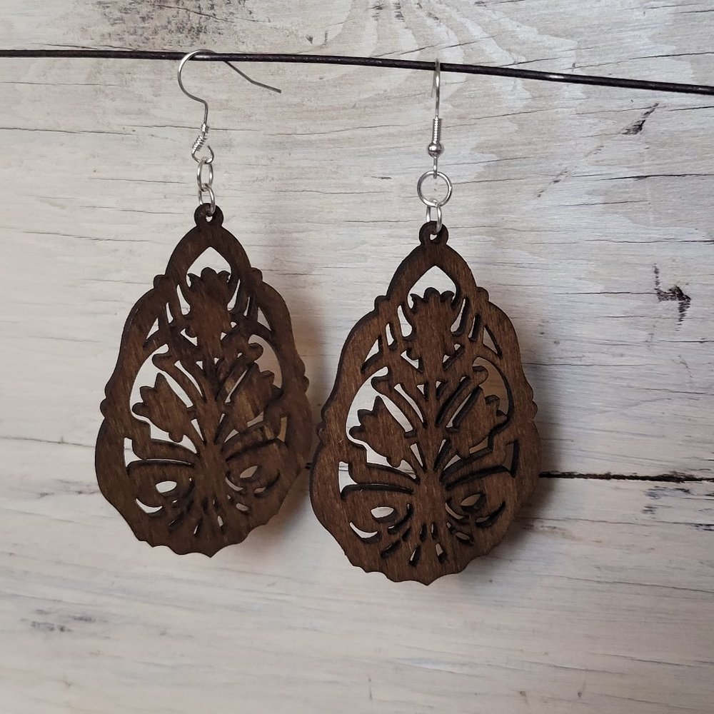 Wood Earrings - Light Brown Ornate Teardrop